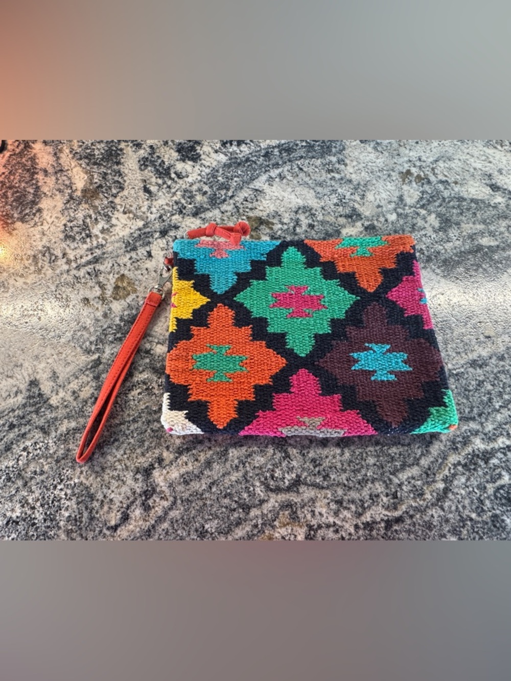 Grace & Lace Multicolor Geometric Wristlet Clutch with Orange Strap